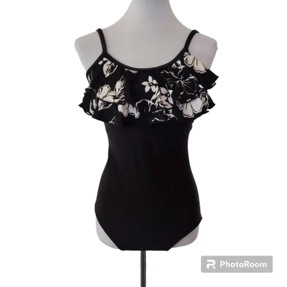 Y2K Ceeb Black White One Piece Floral Ruffled Neck Spaghetti‎ Strap Swimsuit